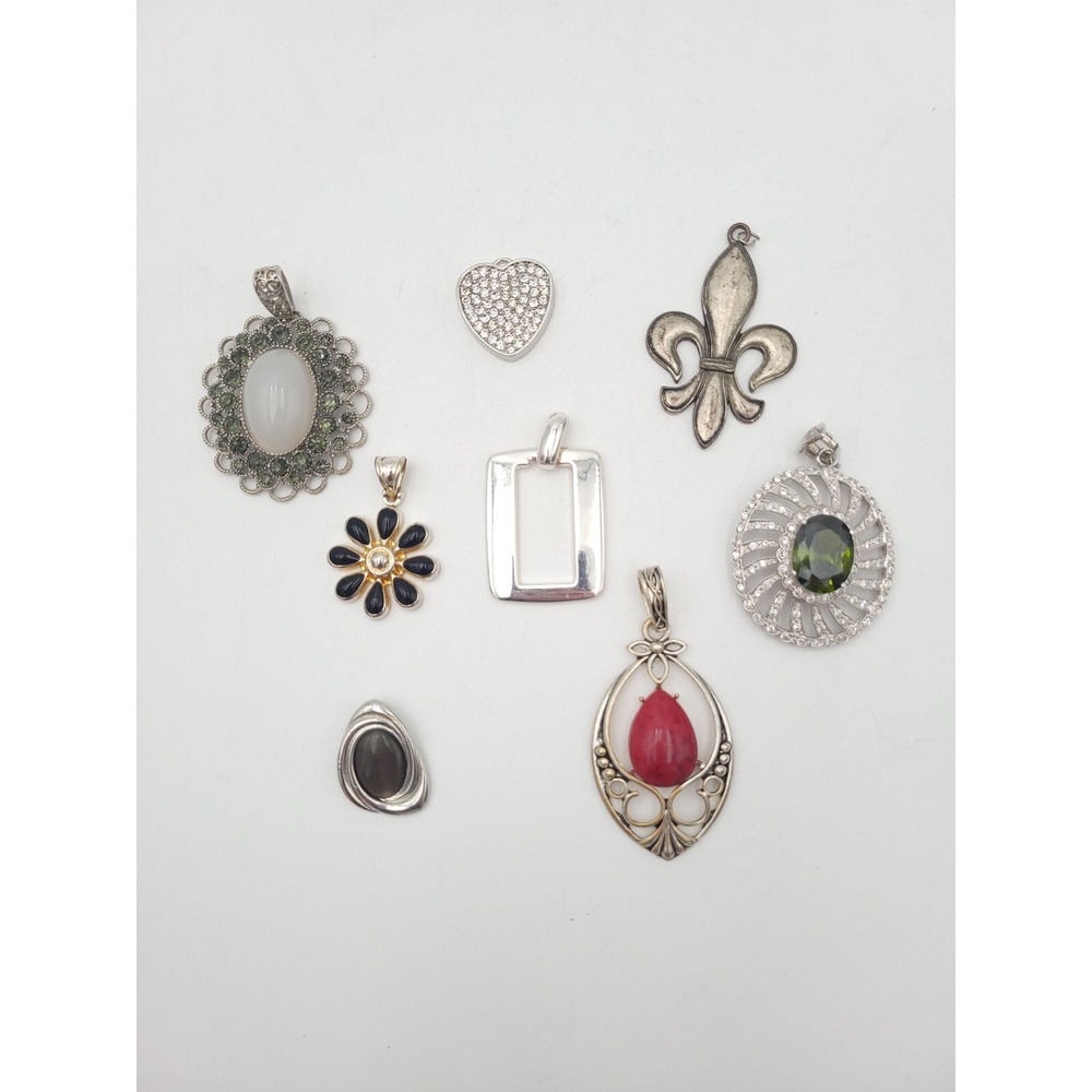 Lot Of 8 Silver Tone‎ Pendants Best Bebe Acrylic & Rhinestone Heart Flower Oval